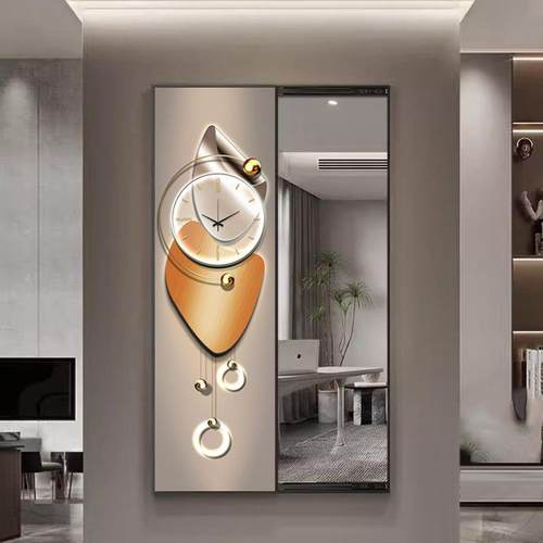 现代简约带钟表隐藏式全身镜装饰画隐形穿衣镜玄关挂画试衣镜装饰