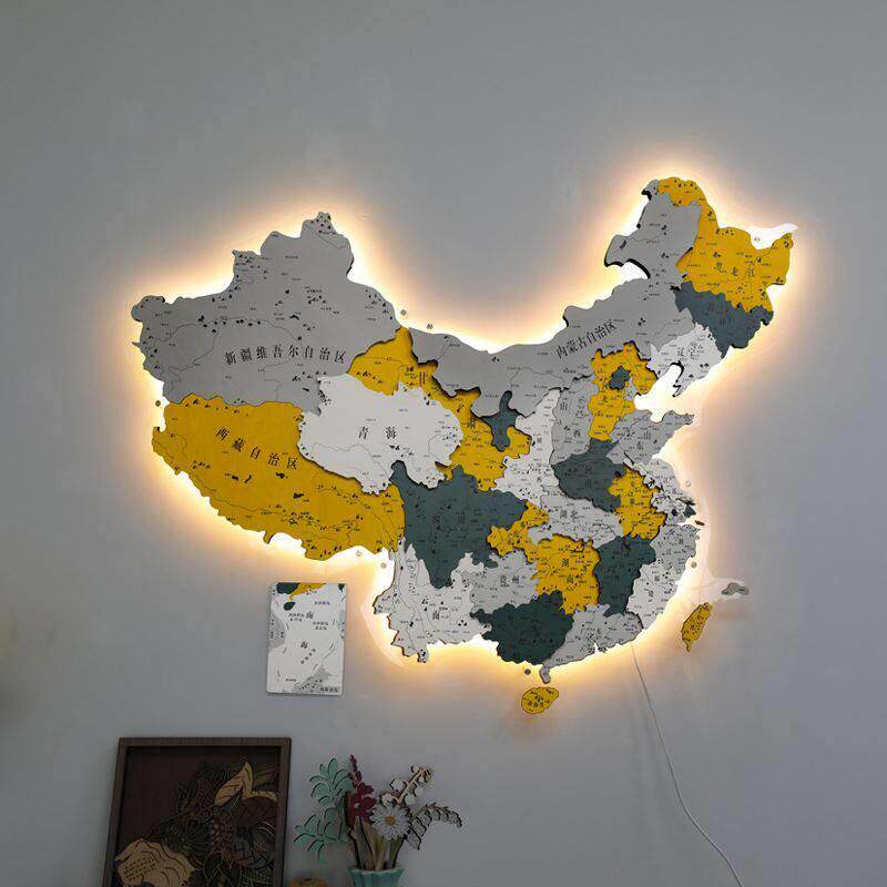 中国灯光发光地图实木立体质壁饰墙面装饰创意客厅沙发背景办直销