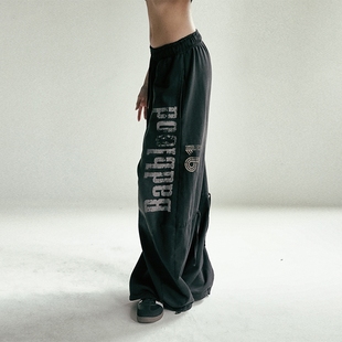 子弯刀裤 水洗做旧阔腿裤 女宽松休闲长裤 韩国badblood字母印花卫裤