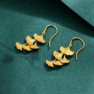 银杏叶耳环仿真假黄金色沙金杏运扇子弯钩平替黄金大耳环耳钉流苏