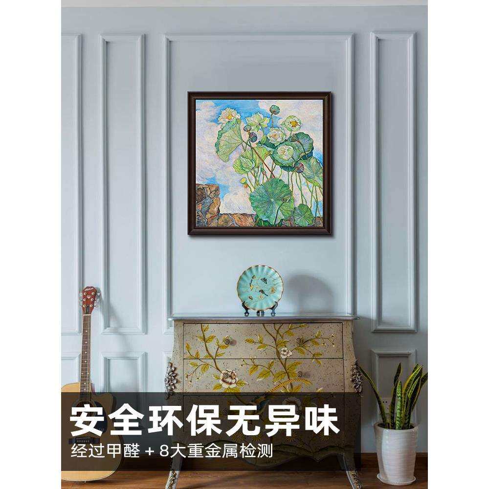 微风中的荷花 静物花卉油画 新中式简约轻奢客厅餐厅玄关挂画版画