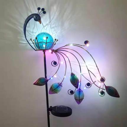 跨境太阳能铁艺孔雀地插花园灯 LED庭院装饰金属孔雀尾巴亮灯工艺