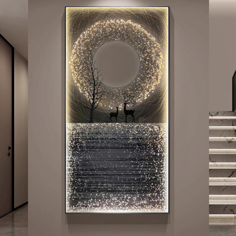 现代简约风星空麋鹿玄关装饰画轻奢大气走廊过道壁画灯画竖款挂画