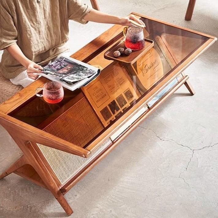 法式复古茶几实木藤编客厅家用餐桌两用玻璃长方形简约现代小户型