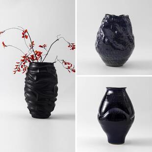 现代轻奢黑色陶瓷花器高级感样板间售楼部干花插花瓶软装饰品摆件
