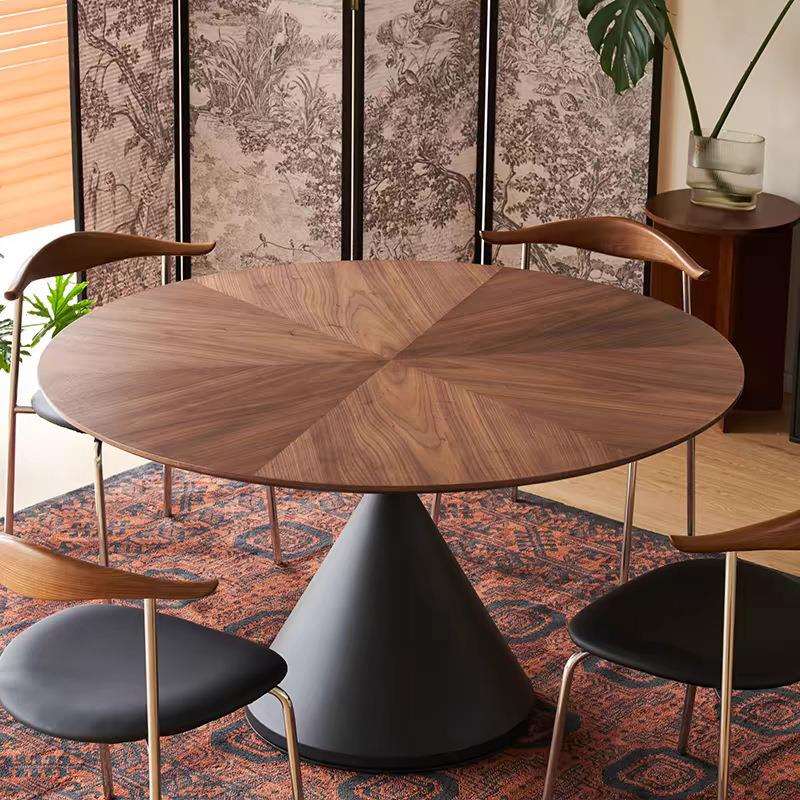 复古风黑胡桃木拼花圆形餐桌小户型家用中古风意式极简圆桌