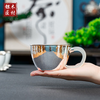 纯手工银杯子999纯银茶杯 一张打银茶杯高端亮面锤纹银主人杯端把