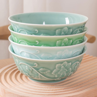 加厚陶瓷大号吃面碗家用高级感7英寸小汤碗中式 缠枝浮雕青瓷餐具