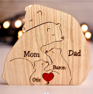 跨境新品木质拼图盘腿熊摆件  DIY 定制刻字