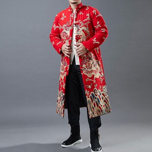 中国风冬季长袍加厚棉服男士唐装立领外套中式棉R袄中长款盘扣大