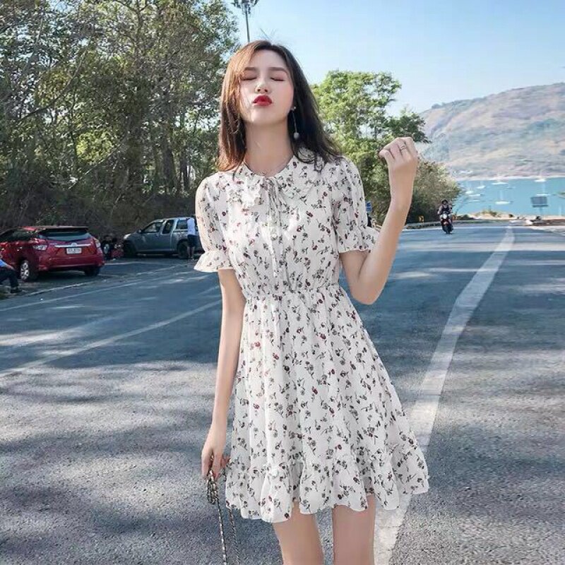 连衣裙女夏2023m新款小个子雪纺裙超仙中长款收腰显瘦碎花洋气裙