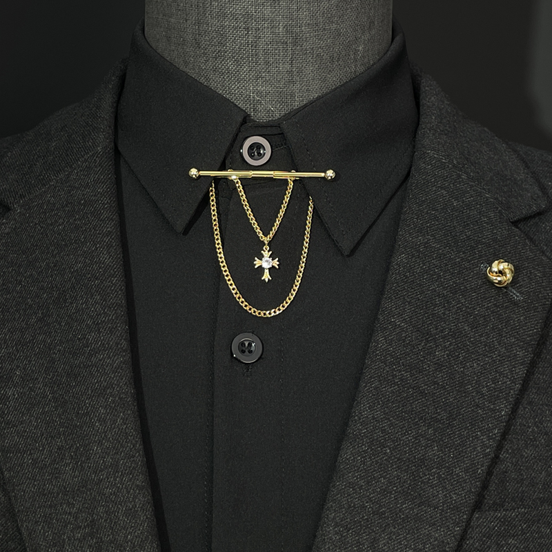 不伤衣! 金属夹子衬衫领针扣流苏B链条胸针男西装结婚胸花别针配