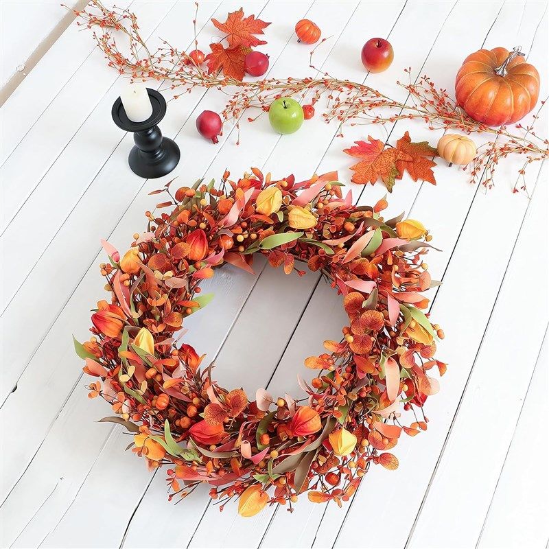 跨境秋季丰收万圣感恩节门前装饰黄色橙色浆果花藤编花环藤条挂件,鲜花速递/花卉仿真/绿植园艺,仿真绿植,淘宝优惠券,粉丝福利购,淘宝优惠卷