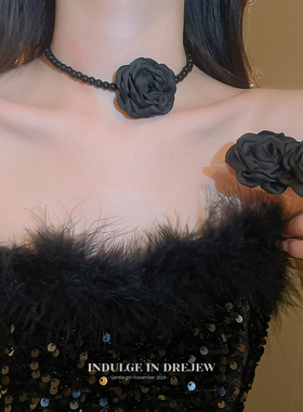 黑色花朵珍珠项链女轻奢小众锁骨链高F级感2024新款爆款颈链配饰