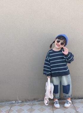 女童卫衣2d022春秋款韩版男女童宝宝宽松洋气条纹上衣儿童休闲套