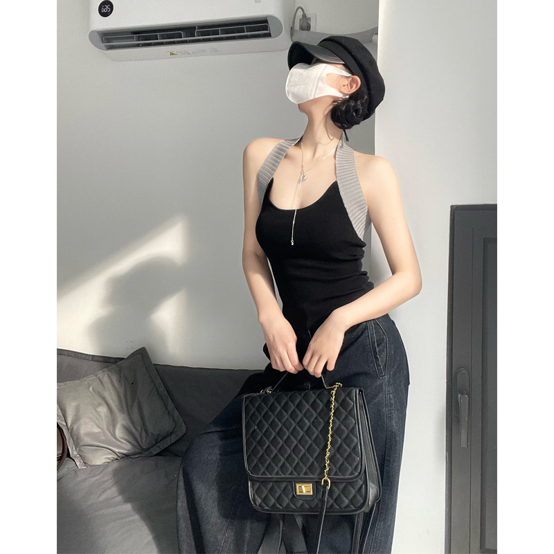 撞色低胸性感露背挂脖针织吊带