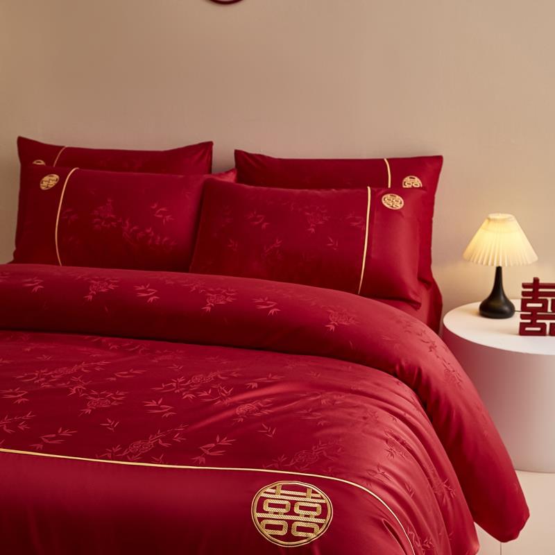新中式高档提花结婚四件套婚庆大红色被套新婚喜被罩床单床上用品