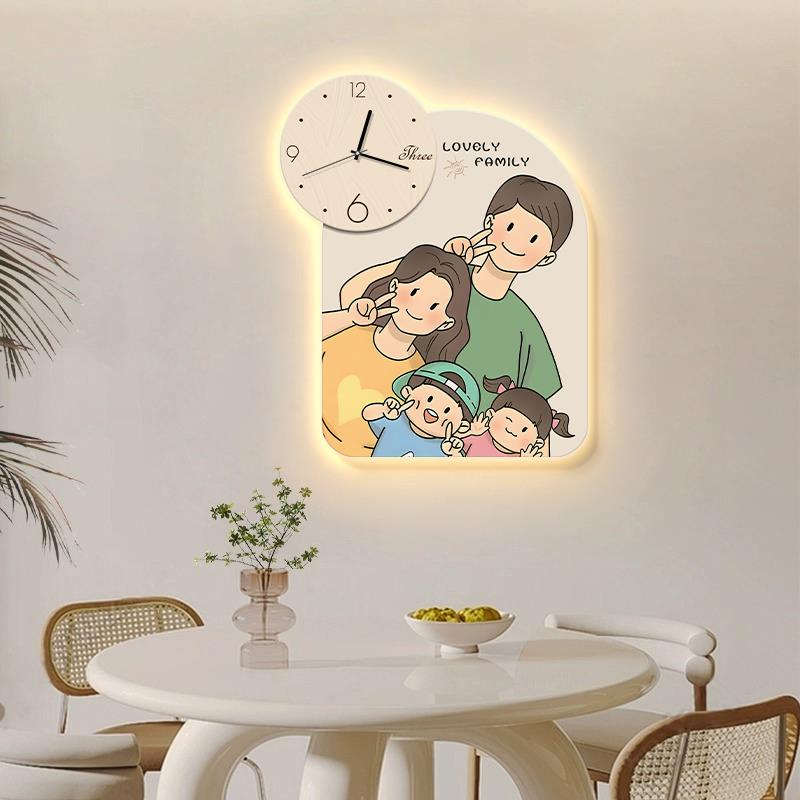 一家三四口时钟表挂钟客厅家用挂画网红餐厅装饰画创意挂墙壁画灯