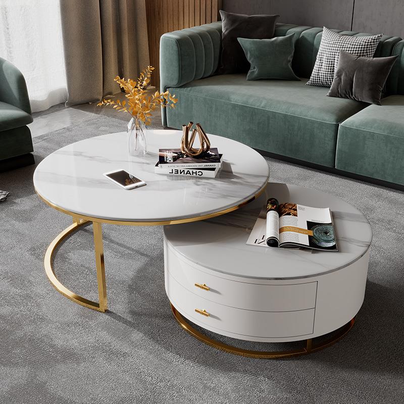 轻奢岩板茶几玻璃圆形茶桌可伸缩客厅家用简约现代阳台卧室小茶桌