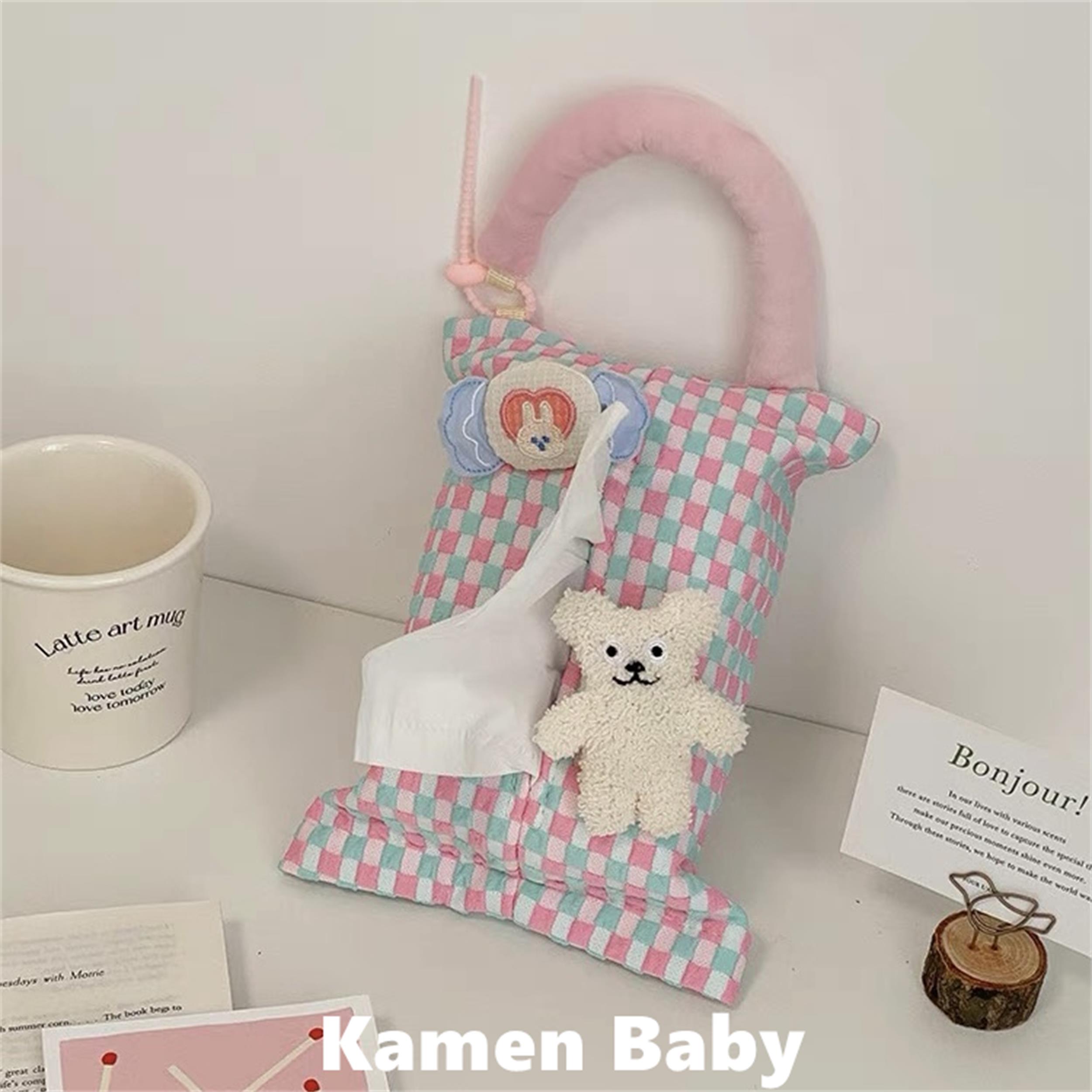 可爱粉绿格子车载纸巾盒创意可挂式抽纸盒汽车椅背纸巾袋车用好物