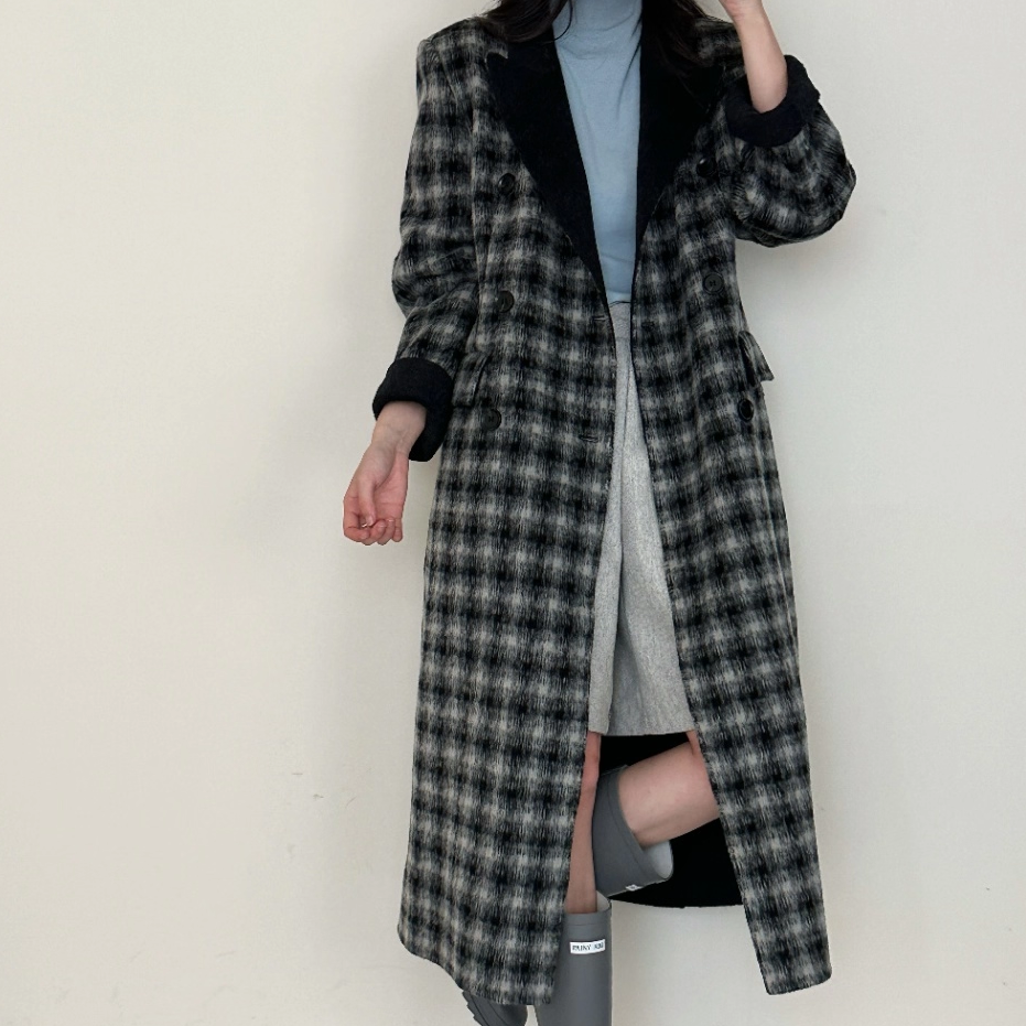 羊毛毛呢外套女格子呢大衣长款