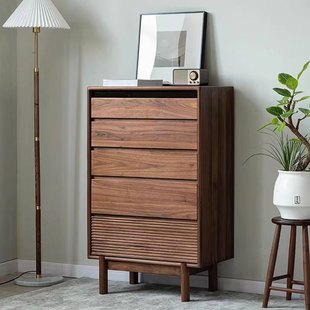 北美黑胡桃木五斗柜卧室收纳柜北欧全实木客厅立柜沙发边柜抽屉柜