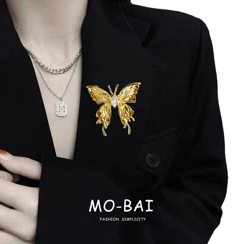 液态金色蝴蝶胸针设计感小众高档时尚金属胸花男女西服别针装饰品