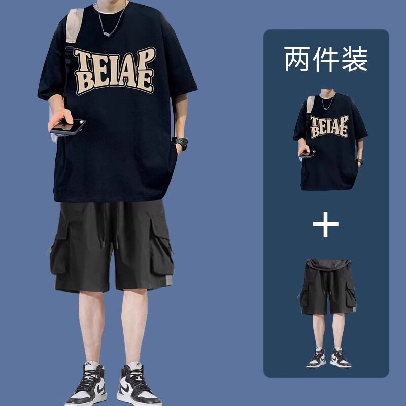 100%纯棉短袖T恤套装男夏工装
