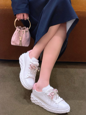 26新款水钻蝴蝶结厚底增高小白鞋女真皮时尚休闲运动鞋松糕底板鞋