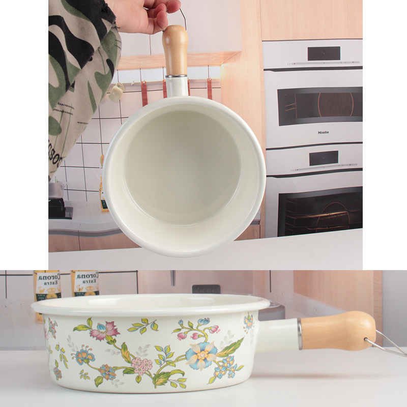 20cm口径平底锅蒸炖煮面锅白色特厚搪瓷锅木柄手柄家用厨房锅具
