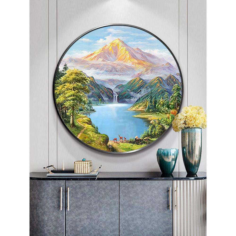 手绘油画玄关装饰画欧式美式轻奢山水画圆形风景金山聚宝盆大芬村