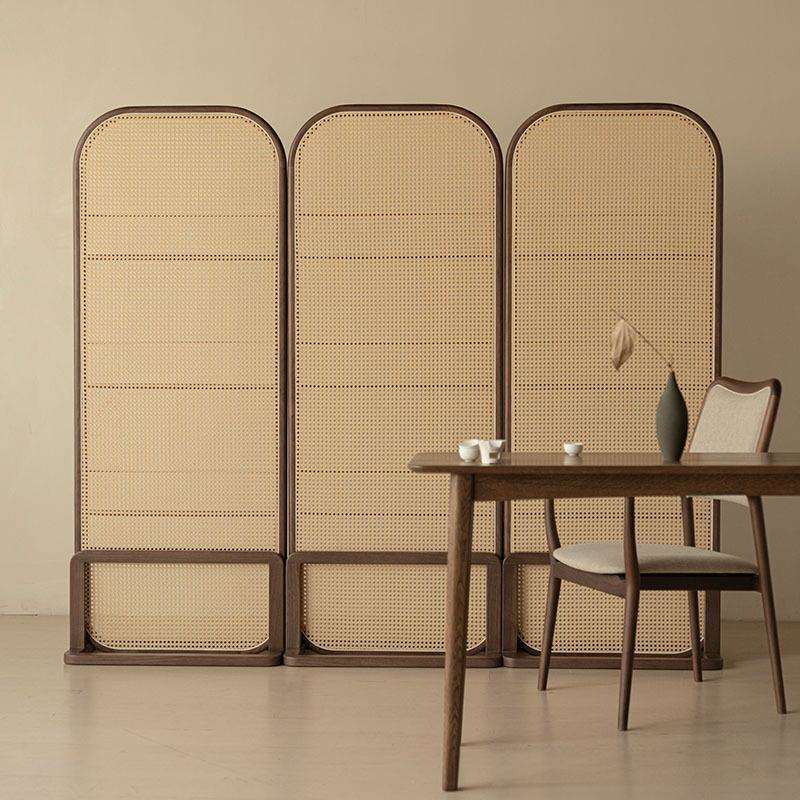 日式藤编屏风实木客厅隔断可移动遮挡小户型入户简约座屏黑胡桃木