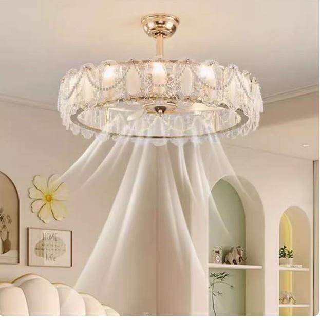 风扇吊灯客厅餐厅主灯法式奶油风水镜玻璃卧室书房间现代简约灯具