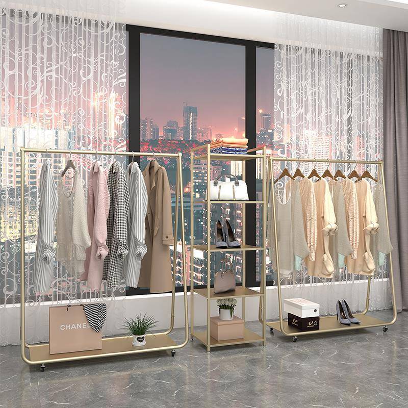 服装店展示架金色挂衣架晾衣架女装落地式带板移动陈列货架带轮子