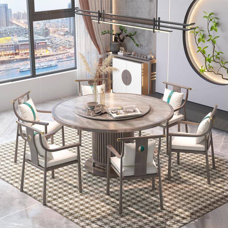 新中式餐桌圆桌岩板轻奢小户型实木餐桌别墅餐厅饭店样板房间家具