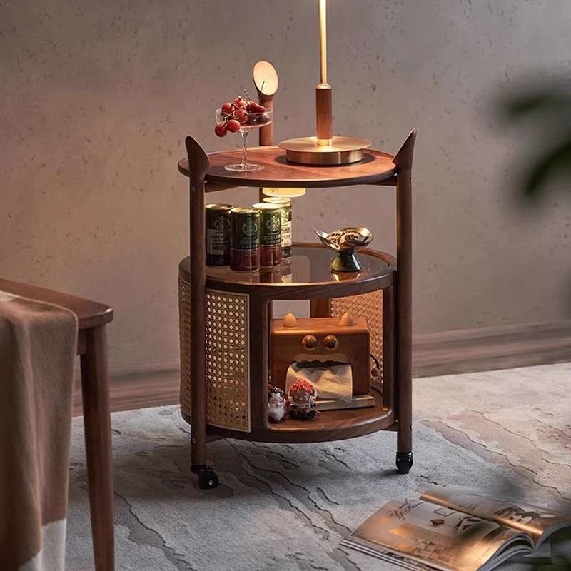 北欧实木沙发边几小推车茶几角几黑胡桃木复古小圆几可移动边桌