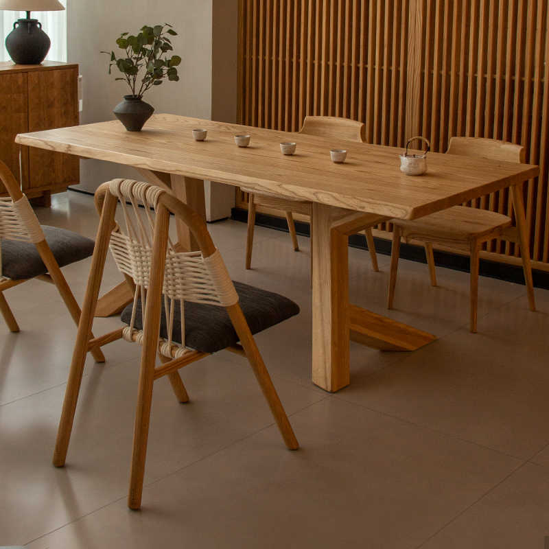 生活例子侘寂风原木大板桌家用实木餐桌白蜡木长方形茶桌办公书桌
