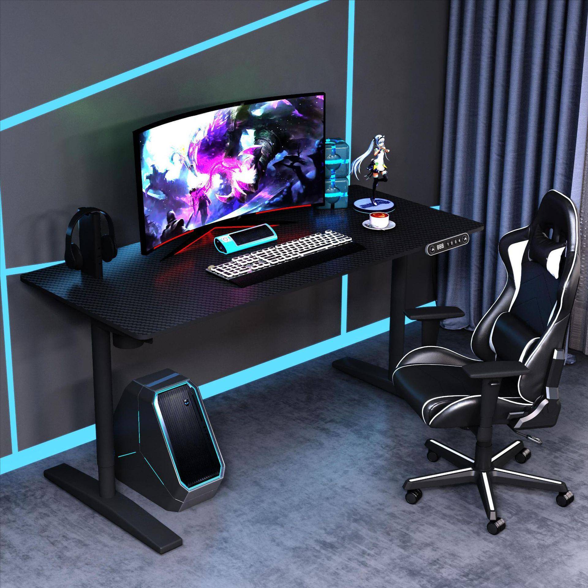 沈氏电动升降办公桌电竞桌碳纤维家用办公台式游戏桌电脑电竞桌