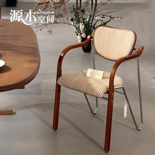 实木餐椅家用客厅高级靠背餐桌凳中古侘寂风休闲软包扶手椅子 法式