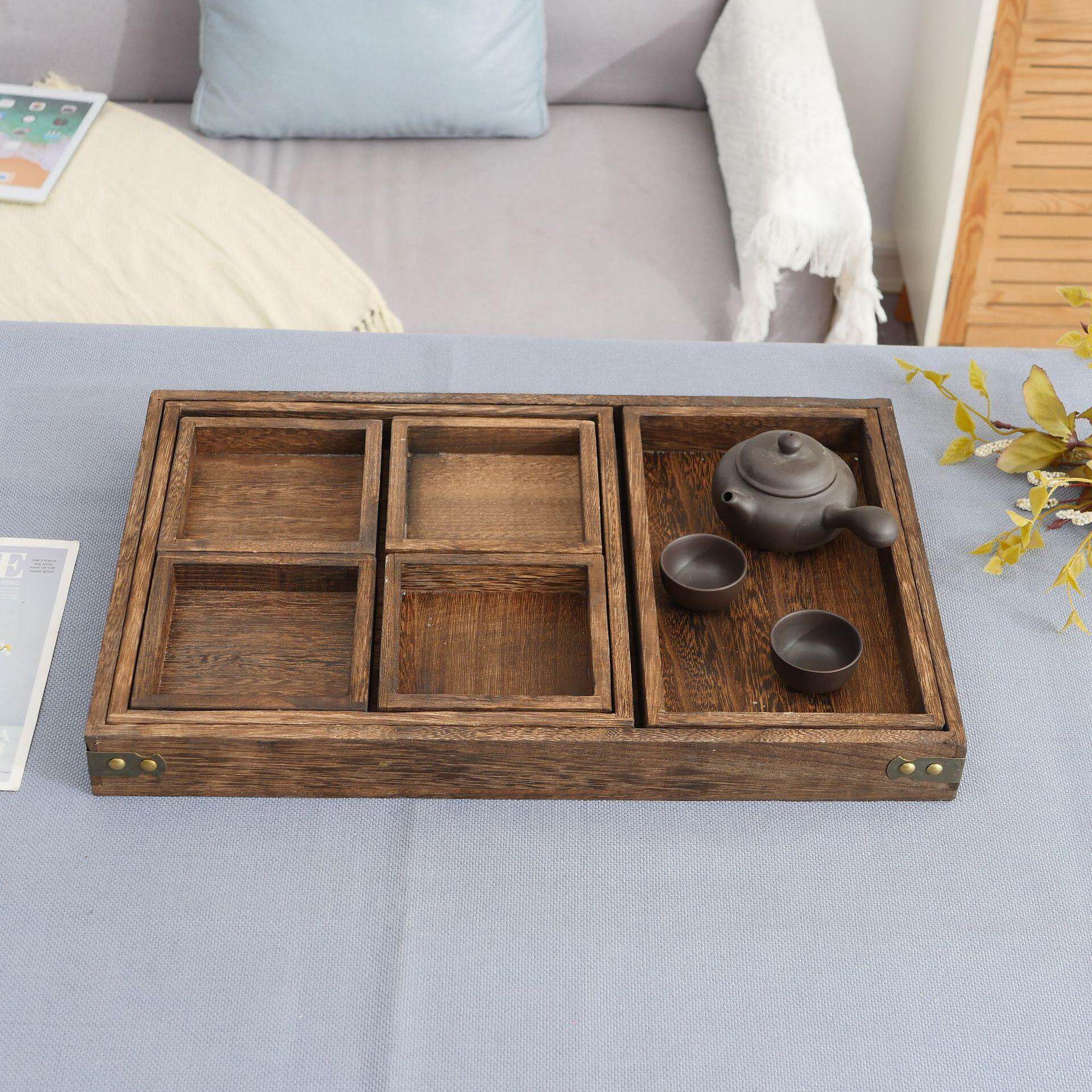 复古家用多功能茶托盘七件套组合炭烧色托盘礼盒桐木中式茶托盘