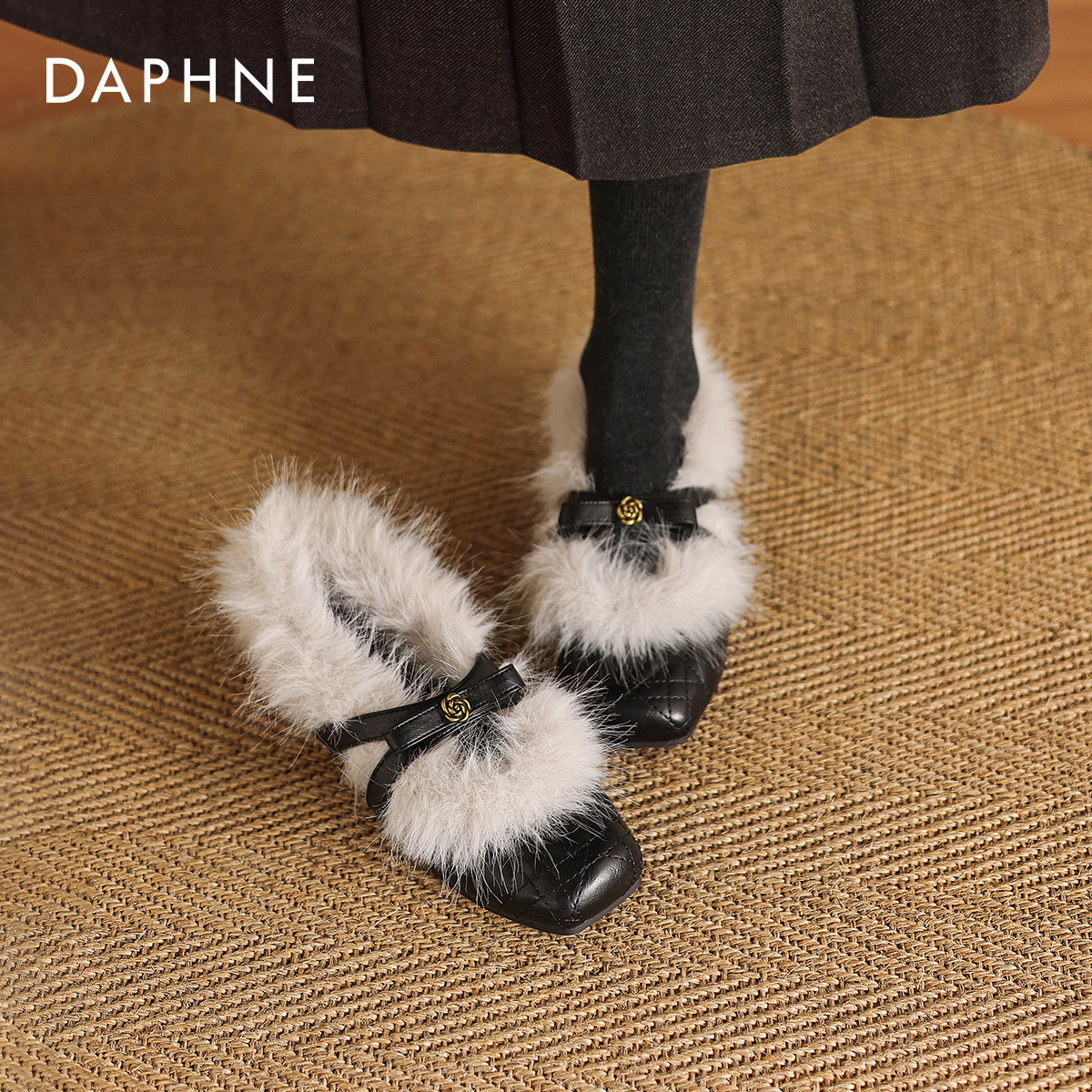 达芙妮毛毛玛丽珍鞋女2025年秋冬季保暖蝴蝶结小皮鞋平底浅口单鞋,女鞋,浅口单鞋,淘宝优惠券,粉丝福利购,淘宝优惠卷