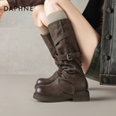 达芙妮棕色长筒靴女2025年秋冬新款美拉德长靴厚底加绒西部裤管靴