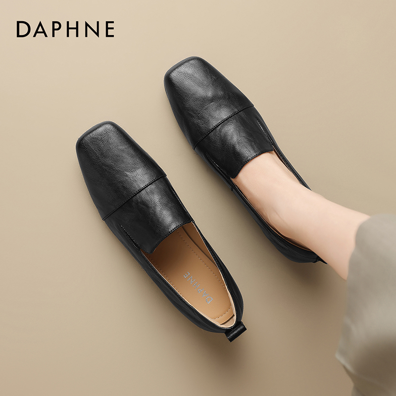达芙妮黑色乐福鞋一脚蹬通勤皮鞋