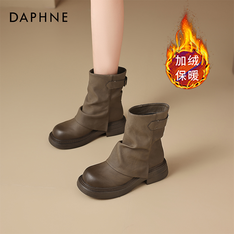 达芙妮初秋短靴女春秋单靴棕色