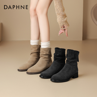 达芙妮高跟短靴子2025新款 靴子女秋冬加绒新疆旅游穿搭中筒靴女靴