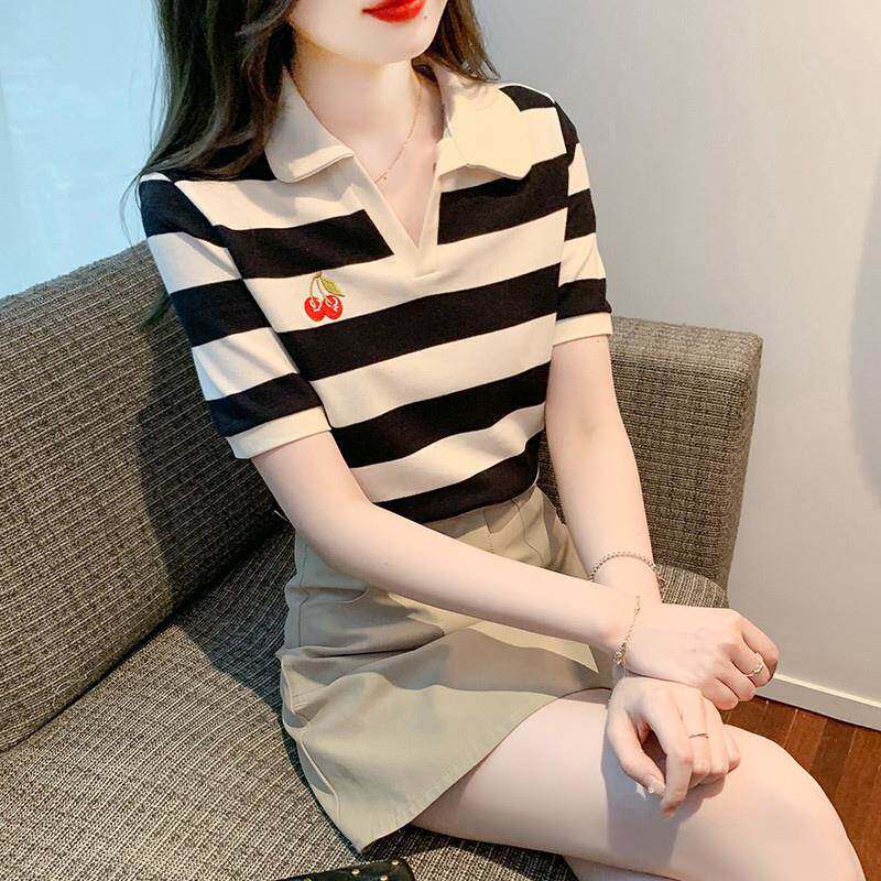 韩国条纹短袖短袖T恤女夏季薄款纯棉体恤设计感v领正肩小个子上衣