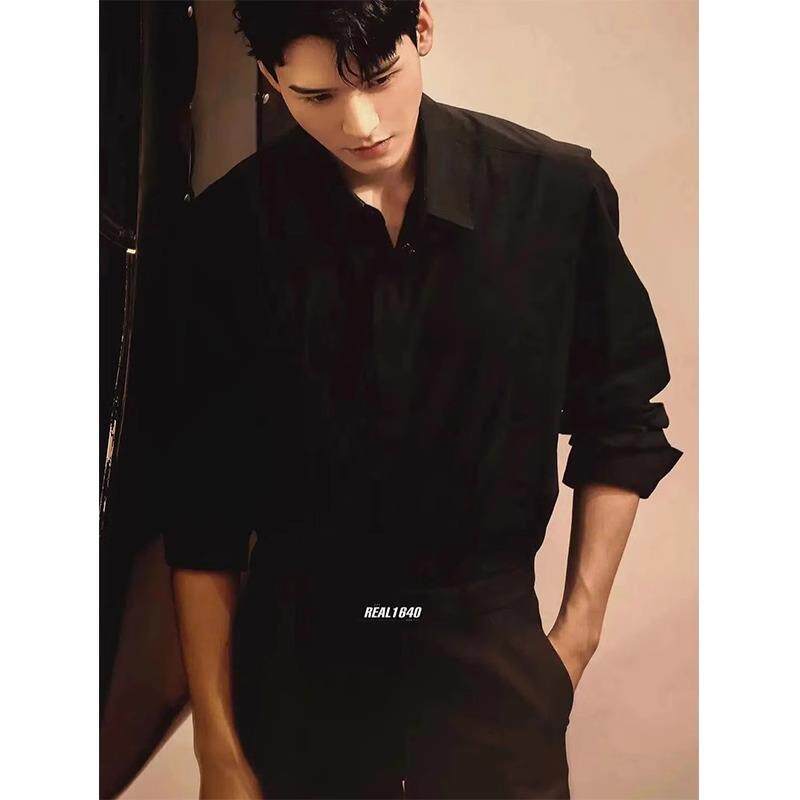 那不勒斯黑色衬衫男士长袖2024新款夏季痞帅西装短袖衬衣男款春秋