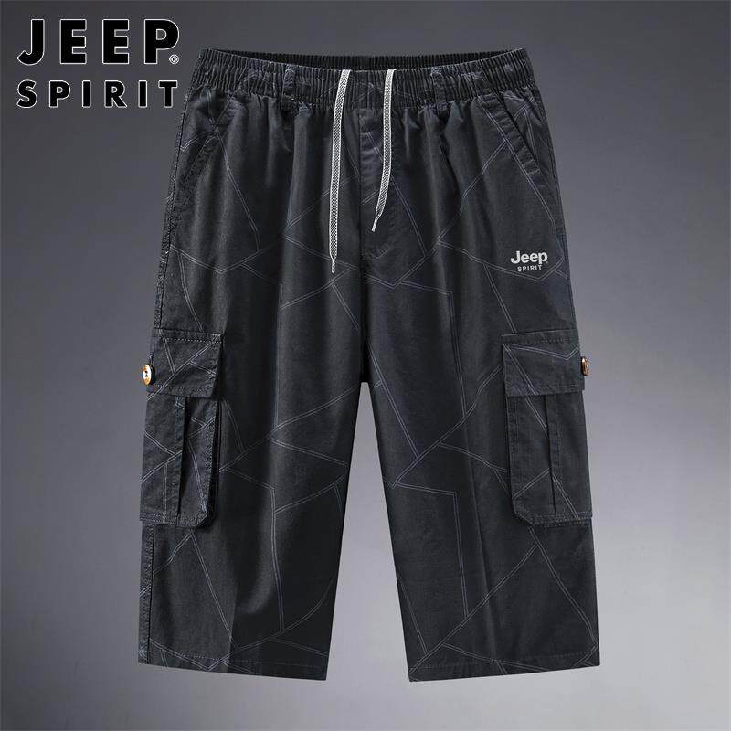 Jeep吉普男士短裤夏季潮牌美式宽松休闲运动松紧腰系绳七分裤子男