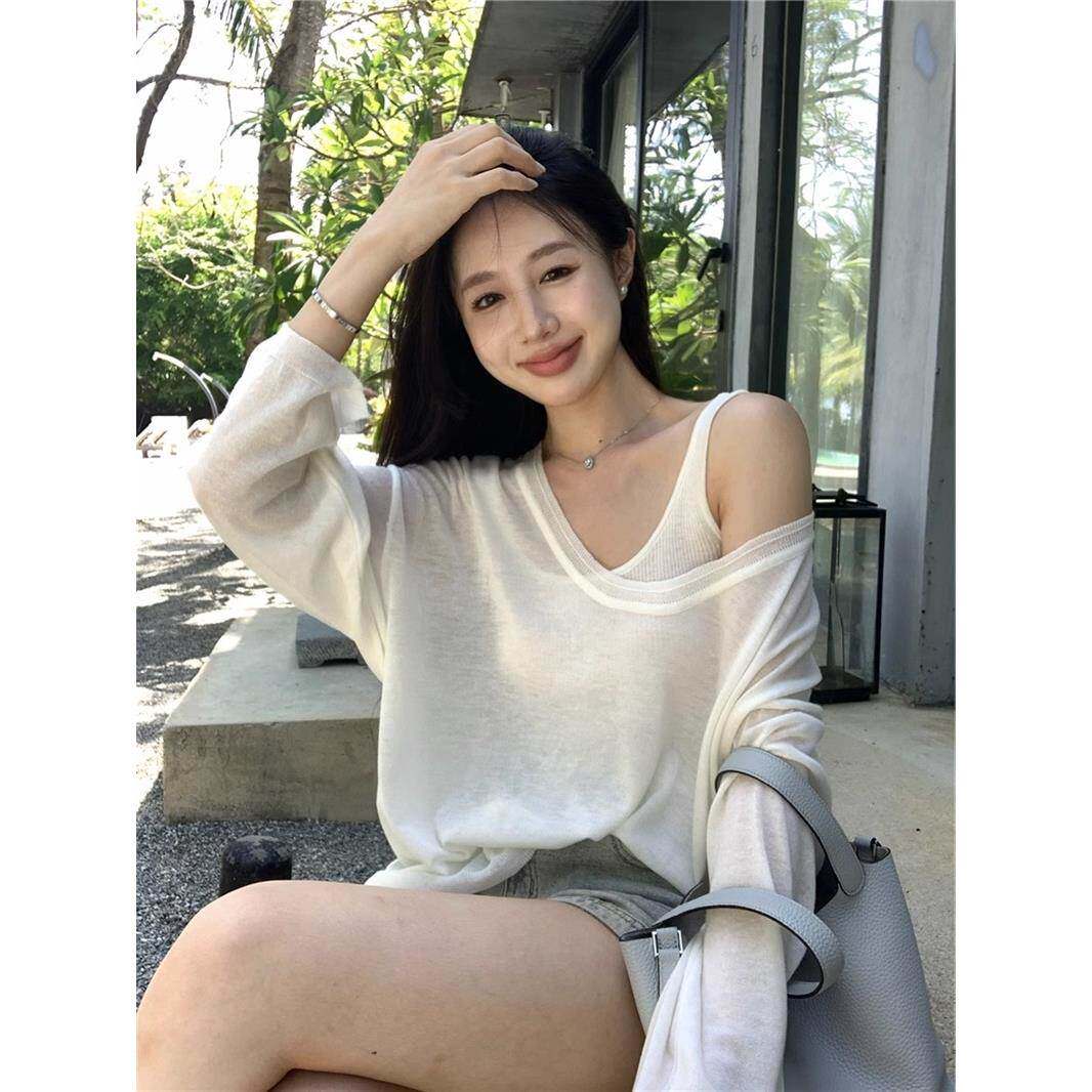 2025春夏新款薄款两件套针织衫女宽松性感法式高级感背心防晒t恤