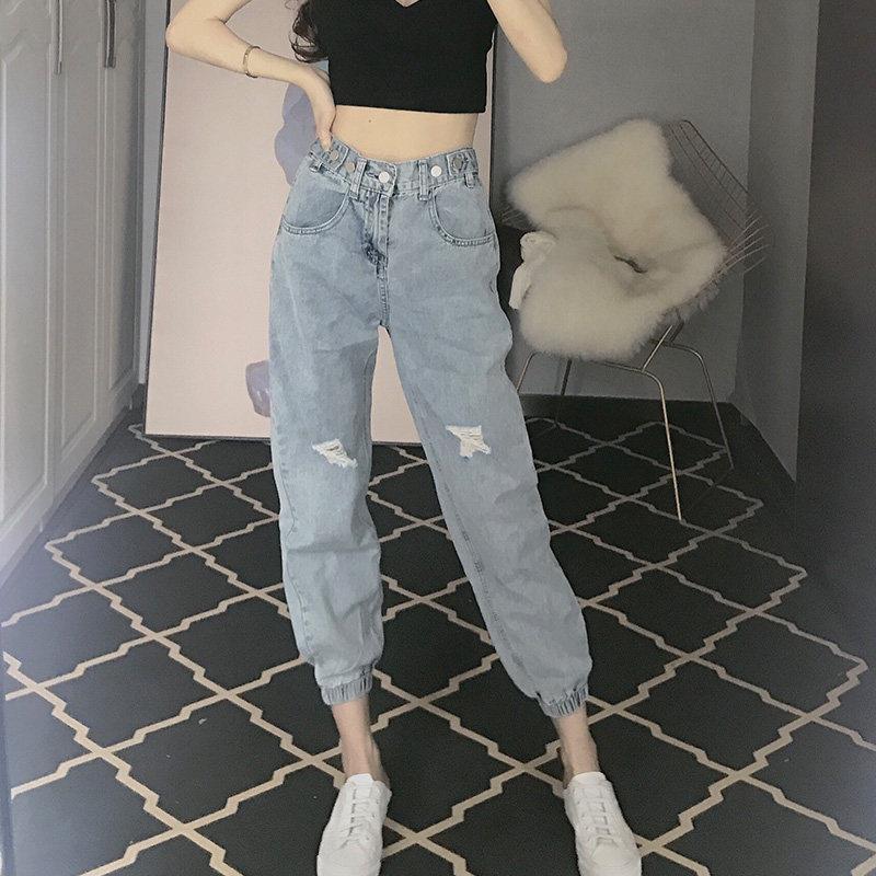 欧洲站复古高腰破洞牛仔裤女2024新款百搭九分裤宽松束脚哈伦裤夏
